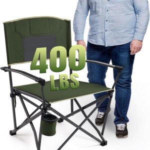 Heavy Duty Folding Camping Chair for Adults Oversized Camping Chairs Steel Frame Support 400 lbs, Metal Arm Lawn Chairs with Swivel Cup Holder, Hollow Backrest, Extra Large Outdoor Chairs, Green